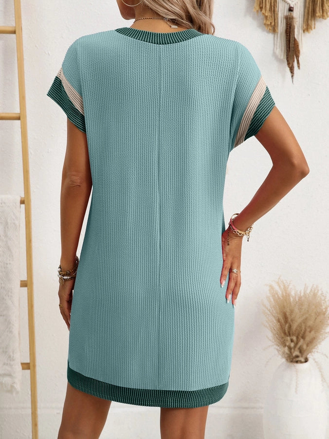 Color Block Ribbed Pocket T Shirt Dress Casual Summer