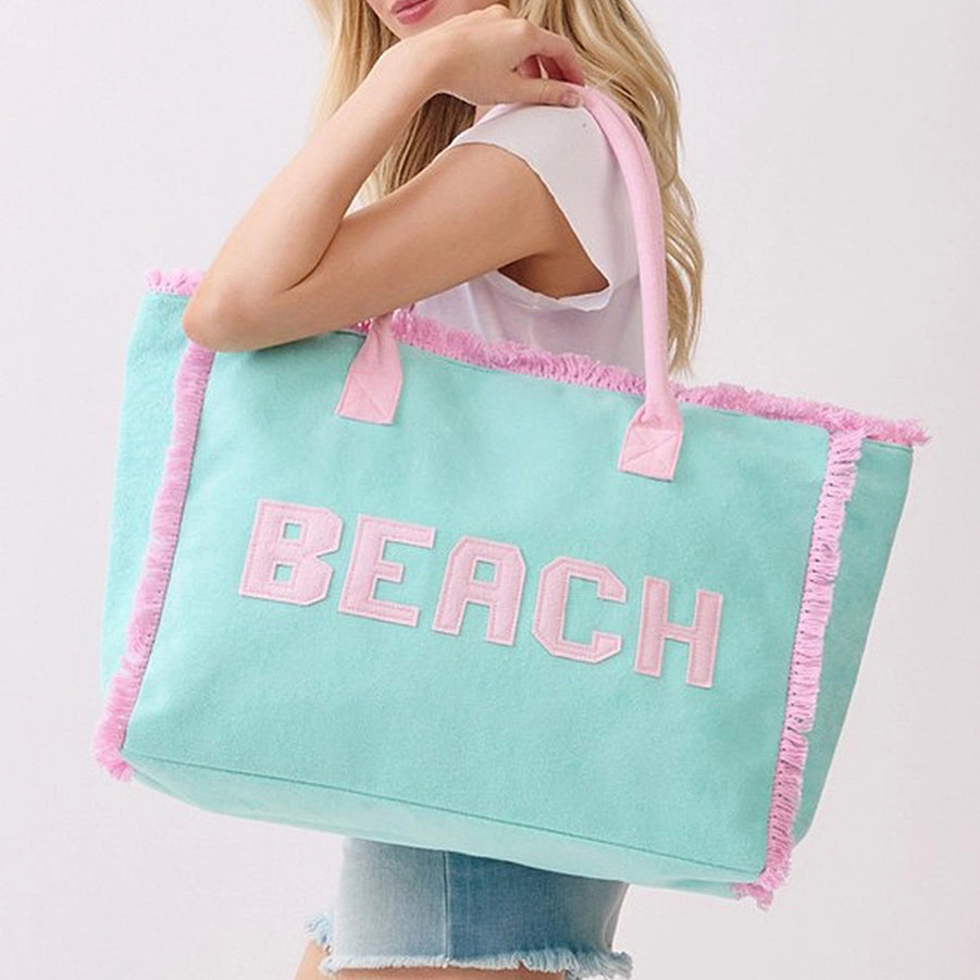 Embroidered Beach Letter Terry Cloth Frayed Tote Bag