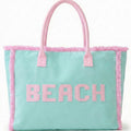 Embroidered Beach Letter Terry Cloth Frayed Tote Bag