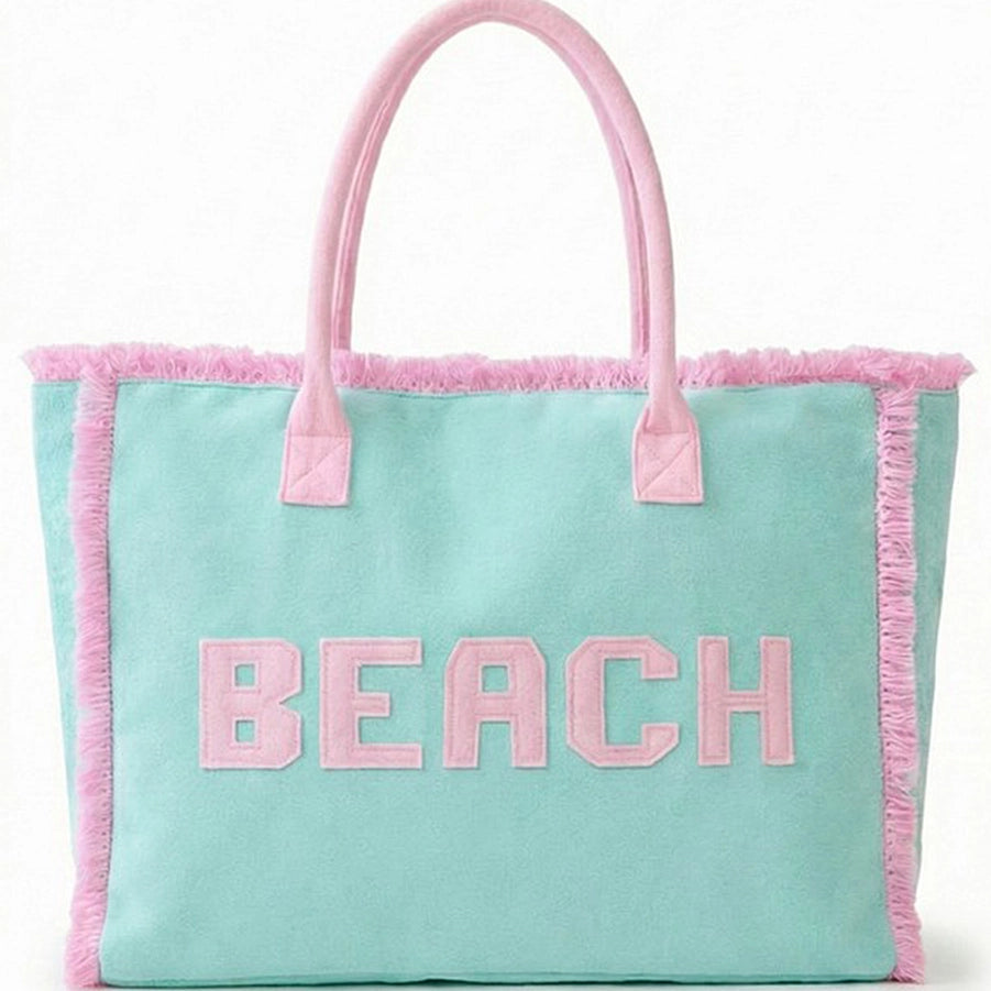 Embroidered Beach Letter Terry Cloth Frayed Tote Bag