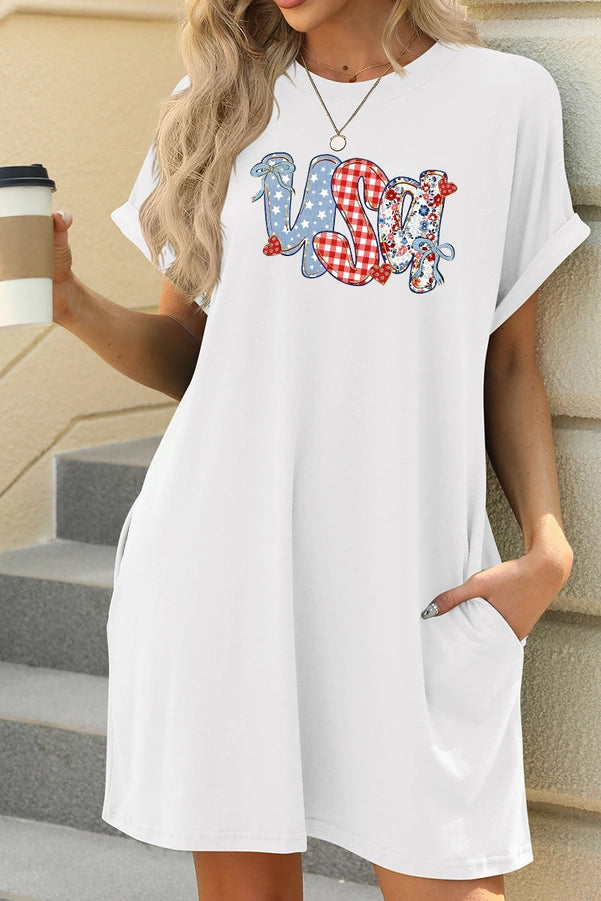 USA Graphic Pocket T Shirt Dress Patriotic Casual