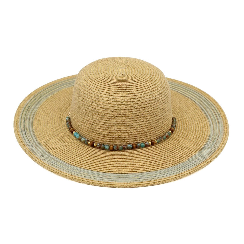 Beaded Band Shimmer Straw Wide Brim Summer Sun Hat